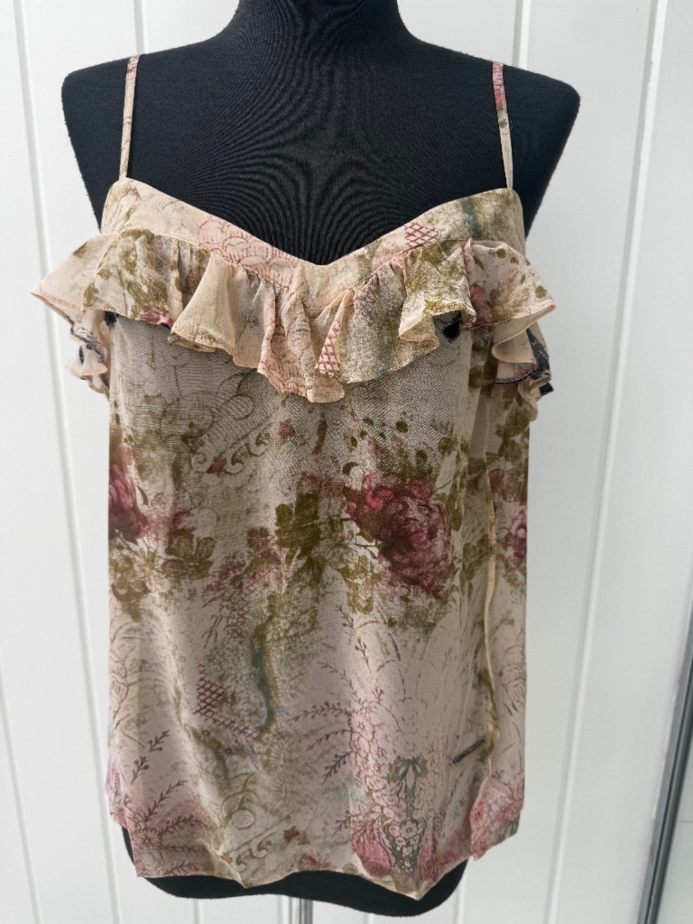 JOHN GALLIANO PINK FLORAL RUFFLE SILK CAMISOLE TOP I 40 US 4